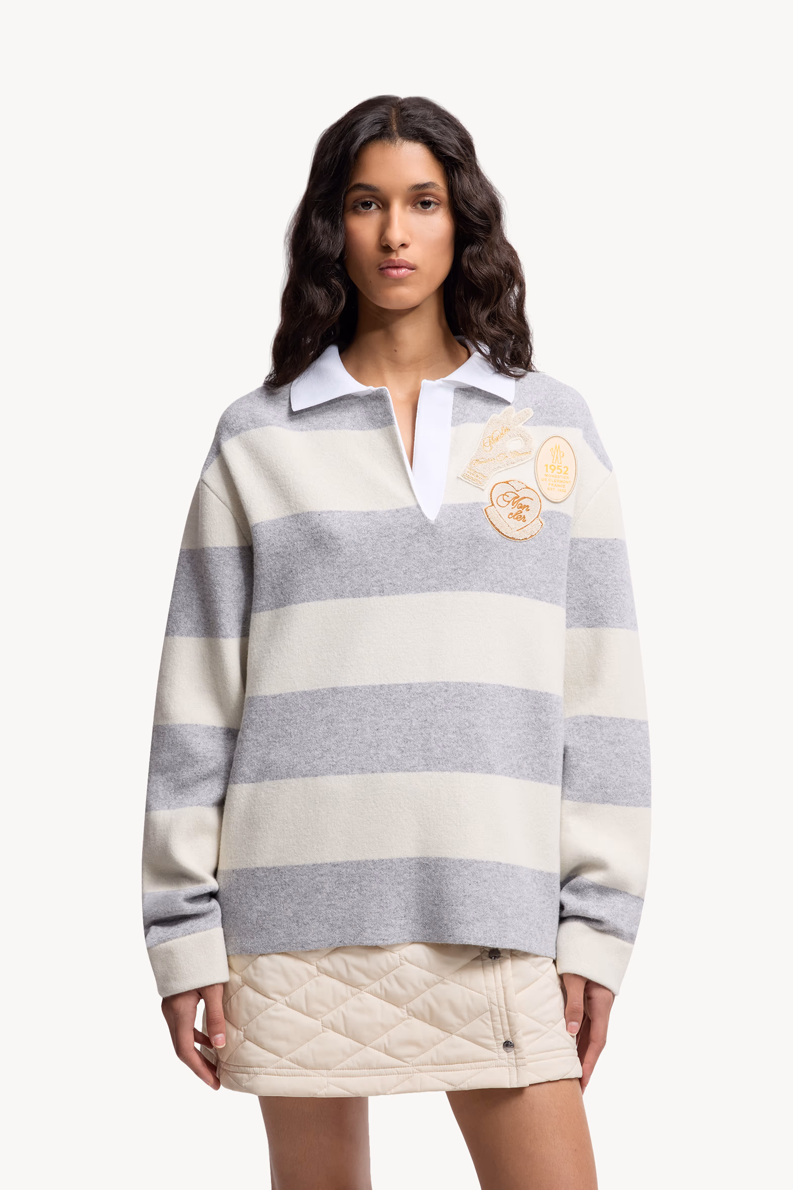 Striped Long Sleeve Wool Polo Shirt Women White & Grey Moncler 3